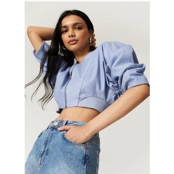 Aliette Jacket‎ Womens Medium Blue Nicole Cropped Puff Sleeve Bomber Zip Up NYC - Picture 3 of 12